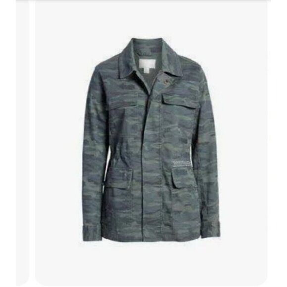 Caslon Olive British Camo Utility Jacket w/ Silver Embroidery Womens Size (L) - Picture 2 of 13